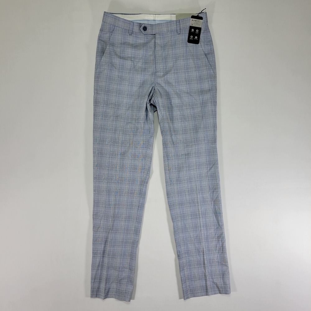 Alfani Men's Trousers ALFATECH Light Blue Plaid Poly Blend SLIM 30 x 32 NEW
